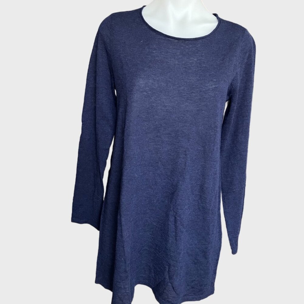 Eileen Fisher Round Neck Top Sweater Fine Knit Tencel Alpaca Blue SMALL S